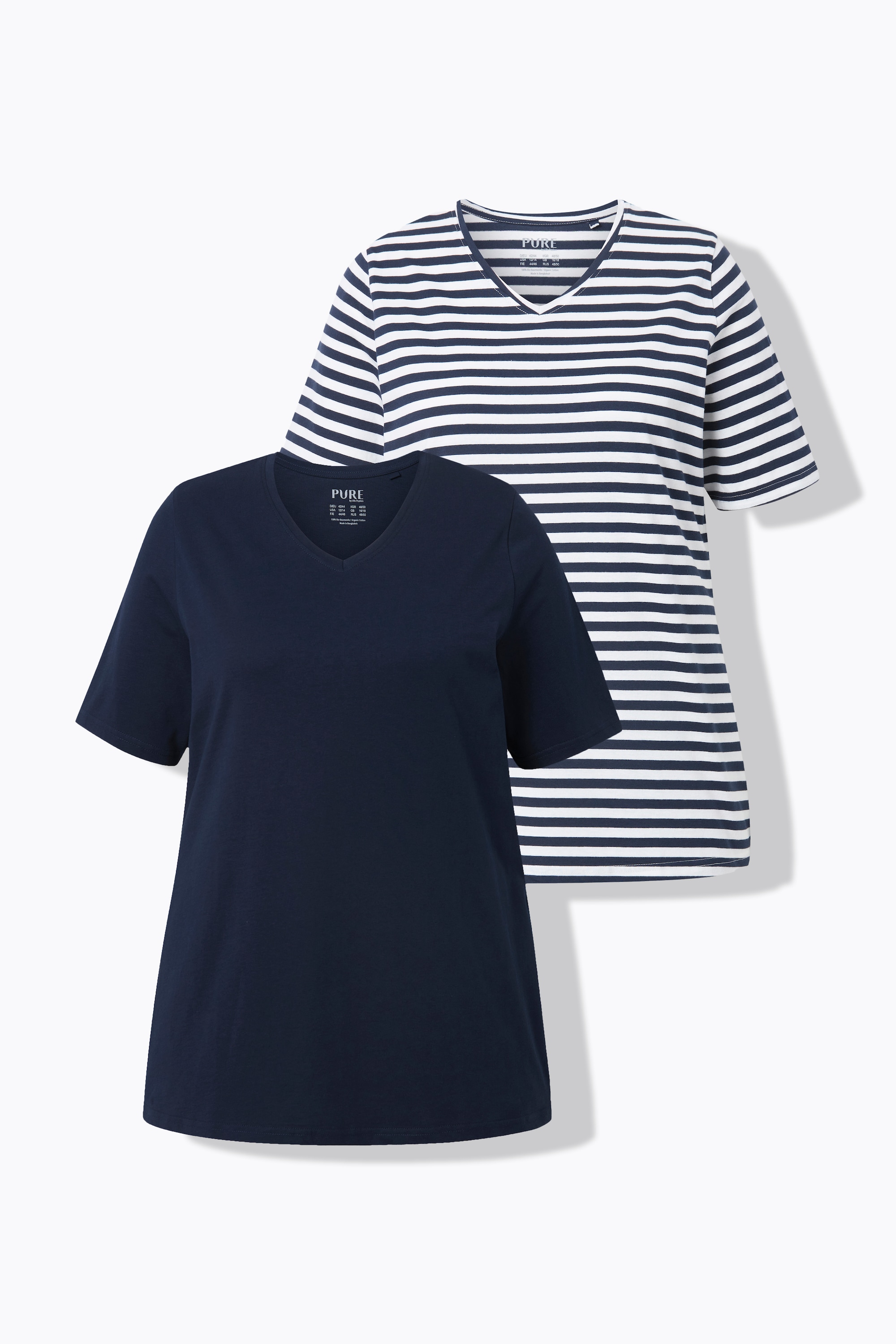 Ulla Popken Damen große Größen T Shirts 2er Pack Ringel uni V Ausschnitt