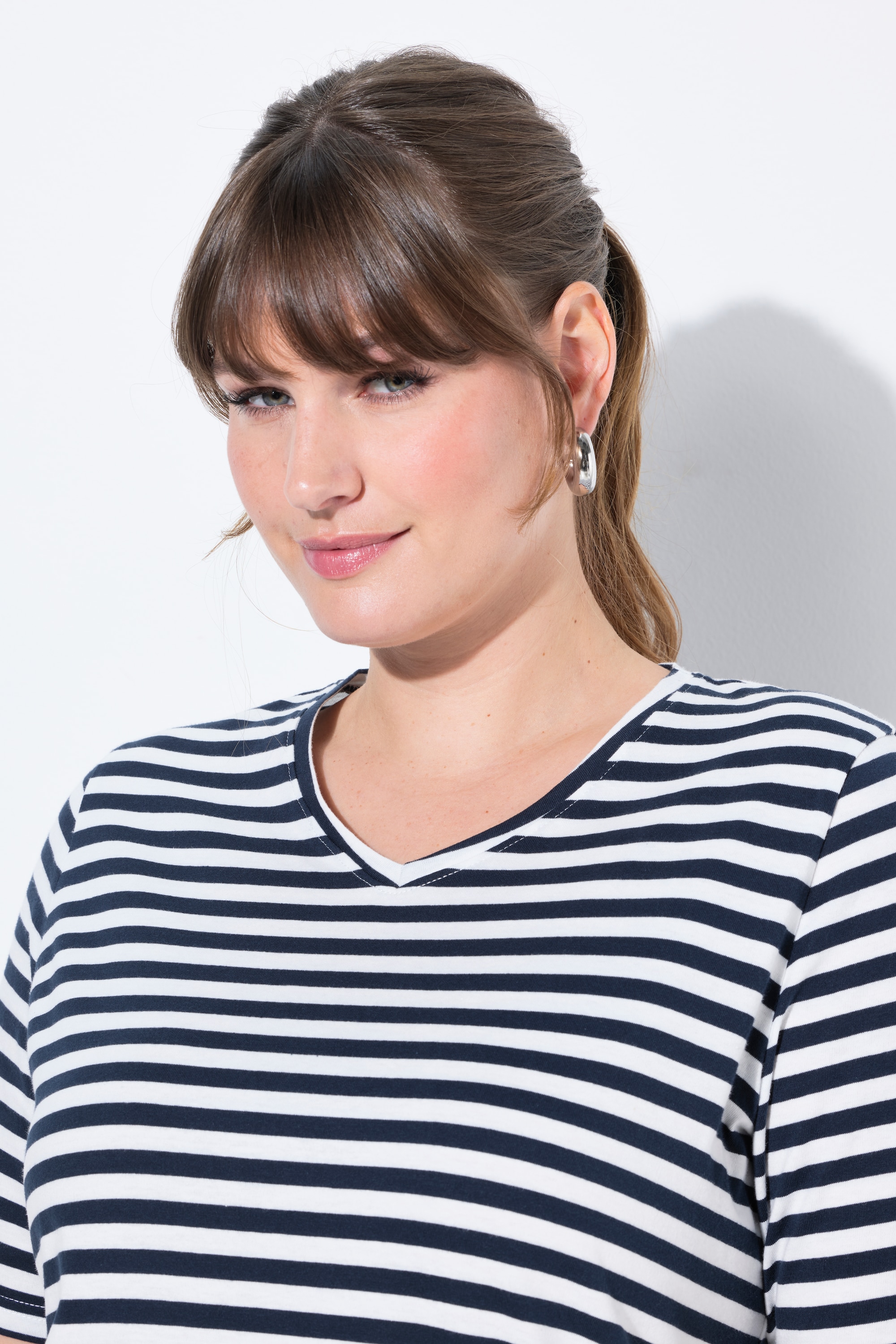 Ulla Popken Damen große Größen T Shirts 2er Pack Ringel uni V Ausschnitt