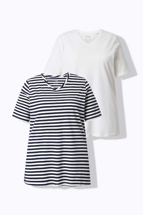 T-Shirts, 2er-Pack, Ringel/uni, V-Ausschnitt, Halbarm
