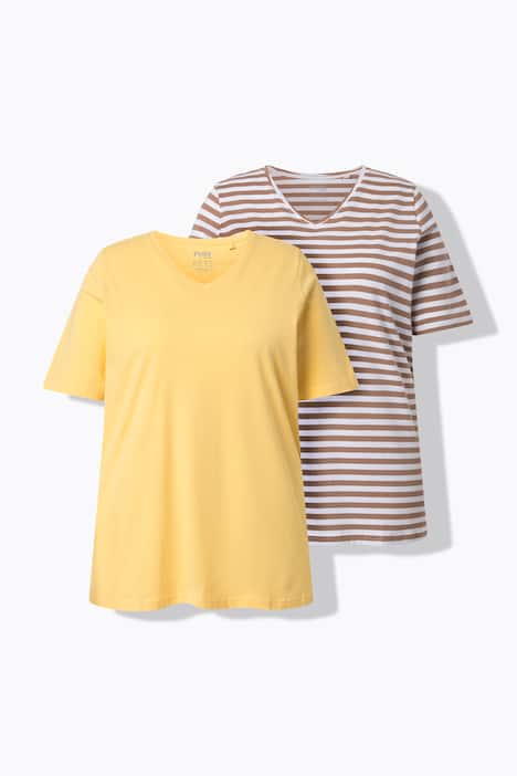 T-shirt, 2-pack, strepen/uni, V-hals, halve mouw
