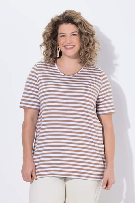 T-shirt, 2-pack, strepen/uni, V-hals, halve mouw