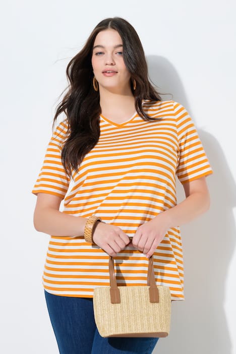 T-Shirts, 2er-Pack, Ringel/uni, V-Ausschnitt, Halbarm