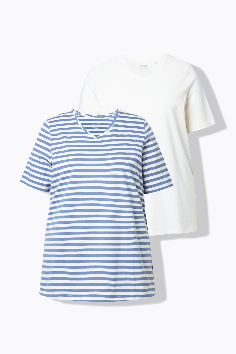 T-Shirts, 2er-Pack, Ringel/uni, V-Ausschnitt, Halbarm