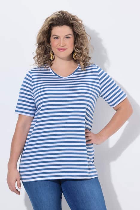 T-shirt, 2-pack, strepen/uni, V-hals, halve mouw