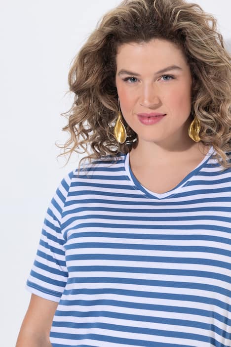 T-shirt, 2-pack, strepen/uni, V-hals, halve mouw