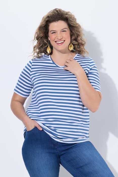 T-shirt, 2-pack, strepen/uni, V-hals, halve mouw