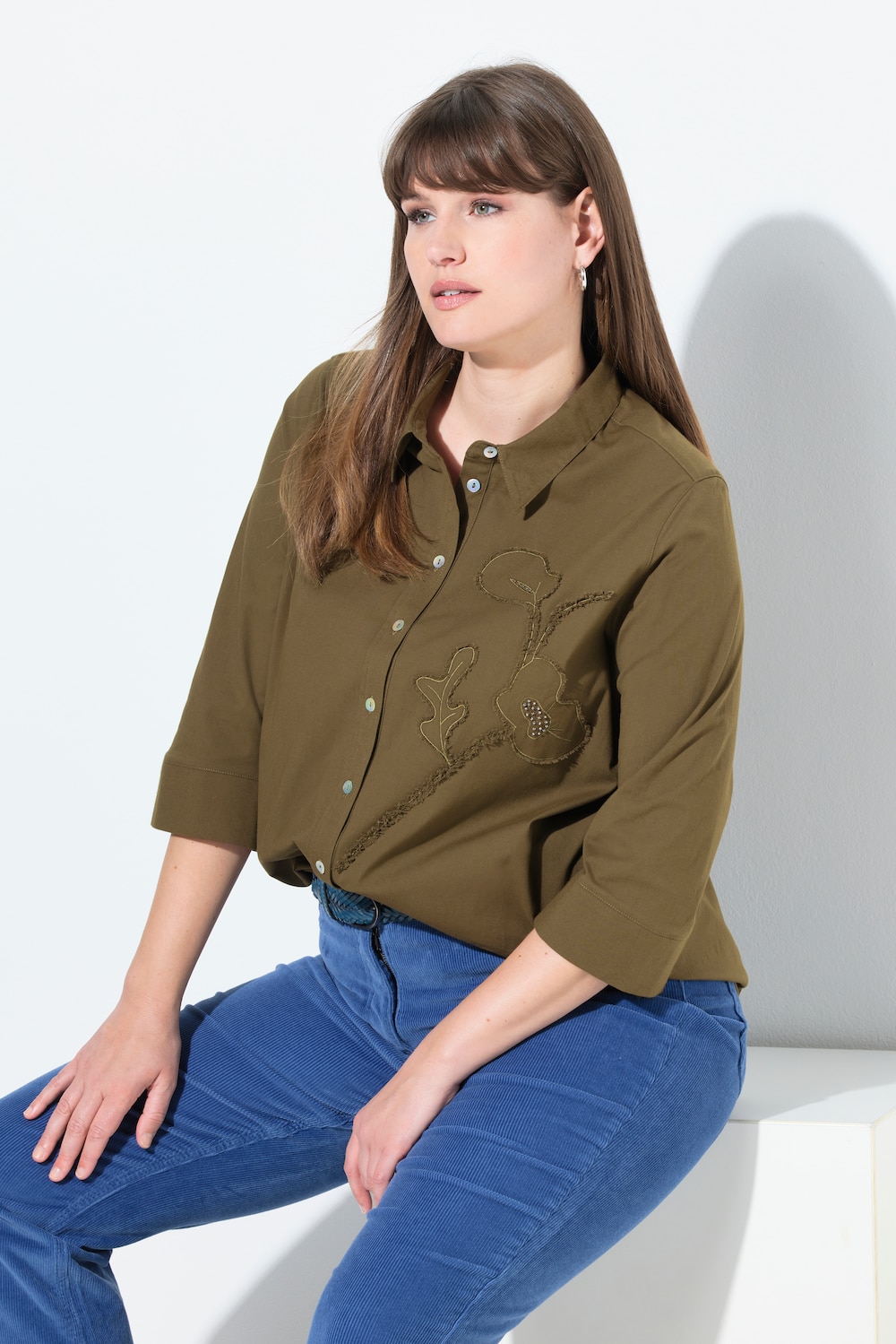 Hemdbluse, Blüten, Hemdkragen, 3/4-Arm, Biobaumwolle