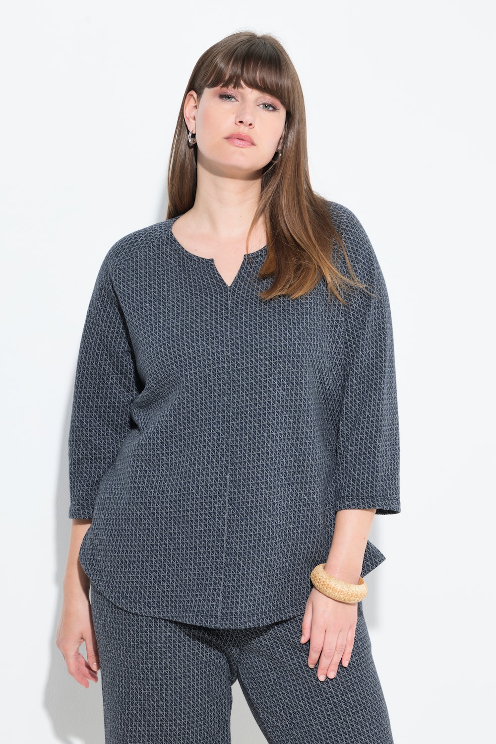 Jacquard-Sweatshirt, Rundhals, 3/4-Arm, Biobaumwolle