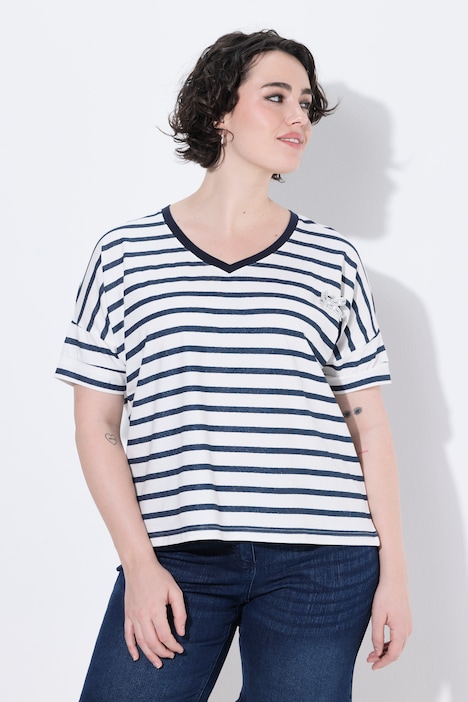 T-shirt med striber, sløjfe og V-hals