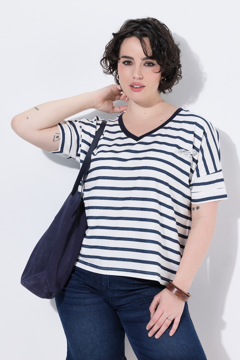 T-shirt, strepen, strik, V-hals, korte mouwen