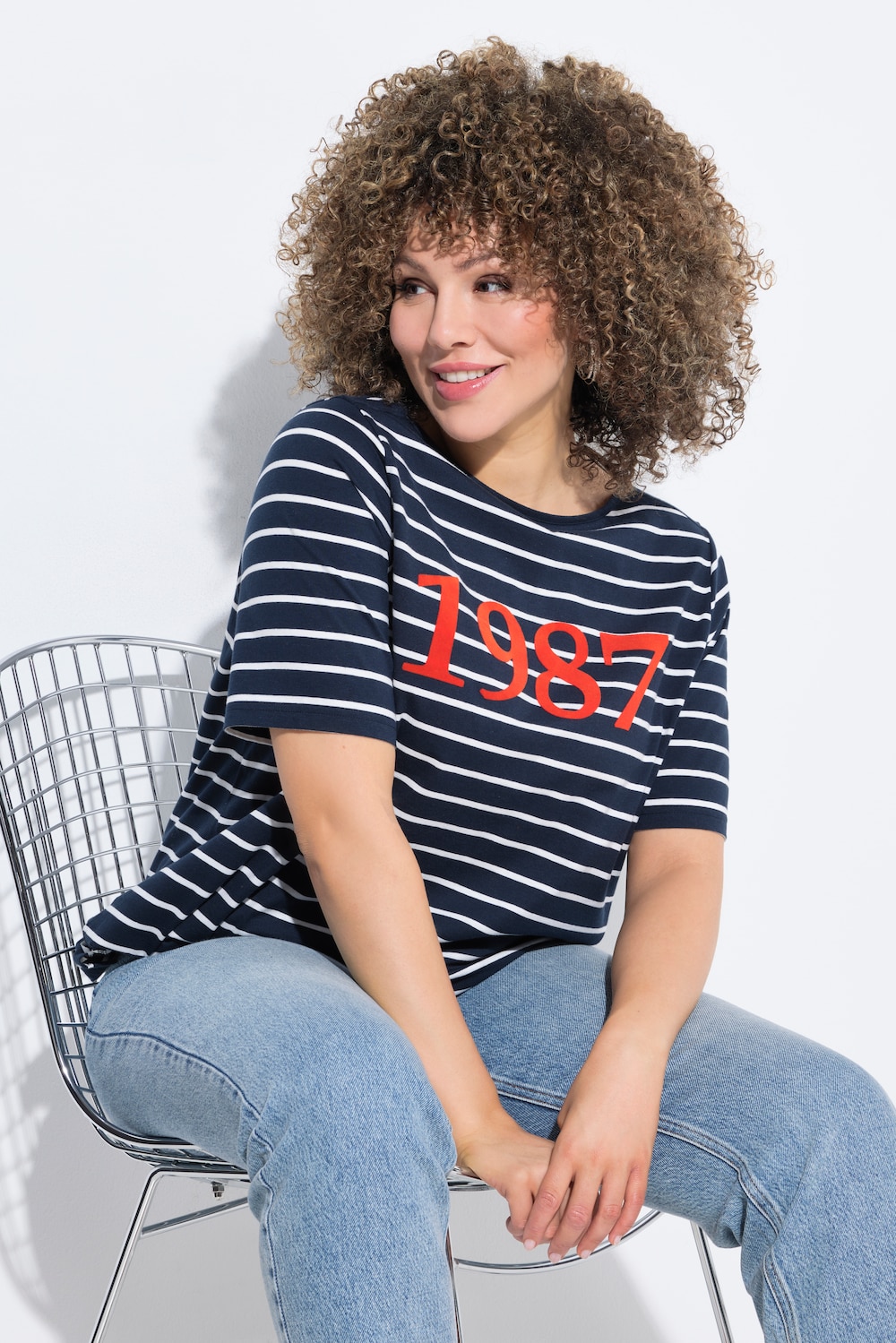 T-shirt, strepen, flockprint, boothals, korte mouwen