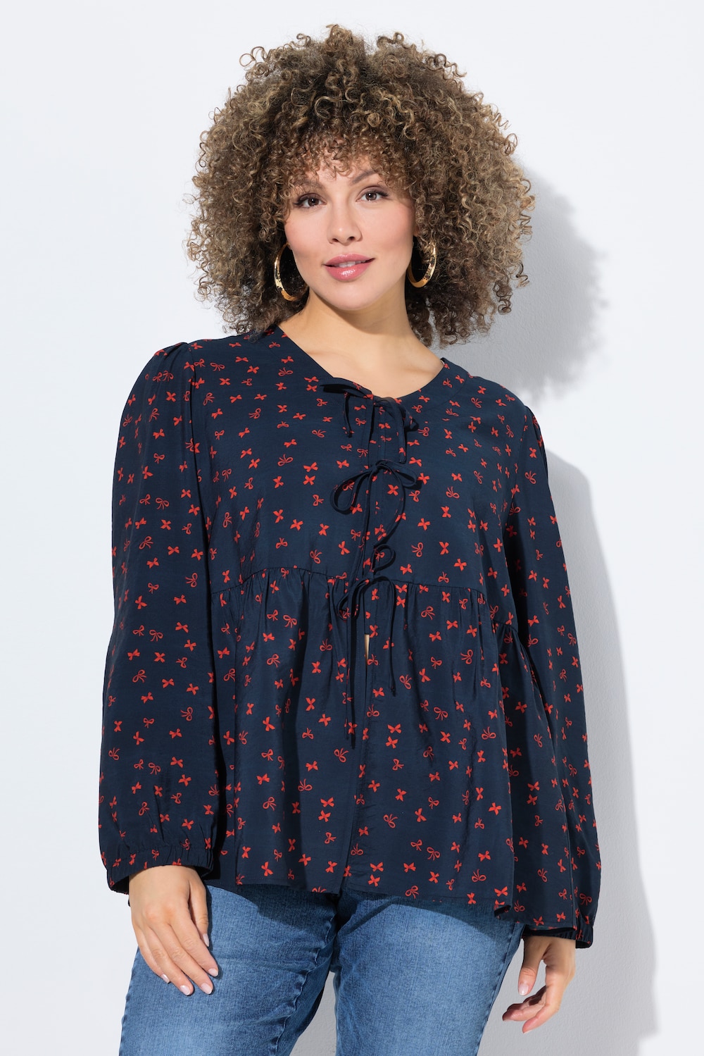 Bluse, Schleifen, A-Linie, V-Ausschnitt, Langarm