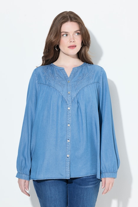 Chemisier en jean avec broderies, décolleté en V et manches longues, coupe évasée