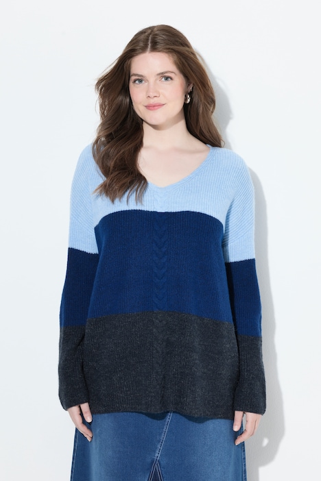 Pullover, Streifen, Zopfmuster, V-Ausschnitt, Langarm