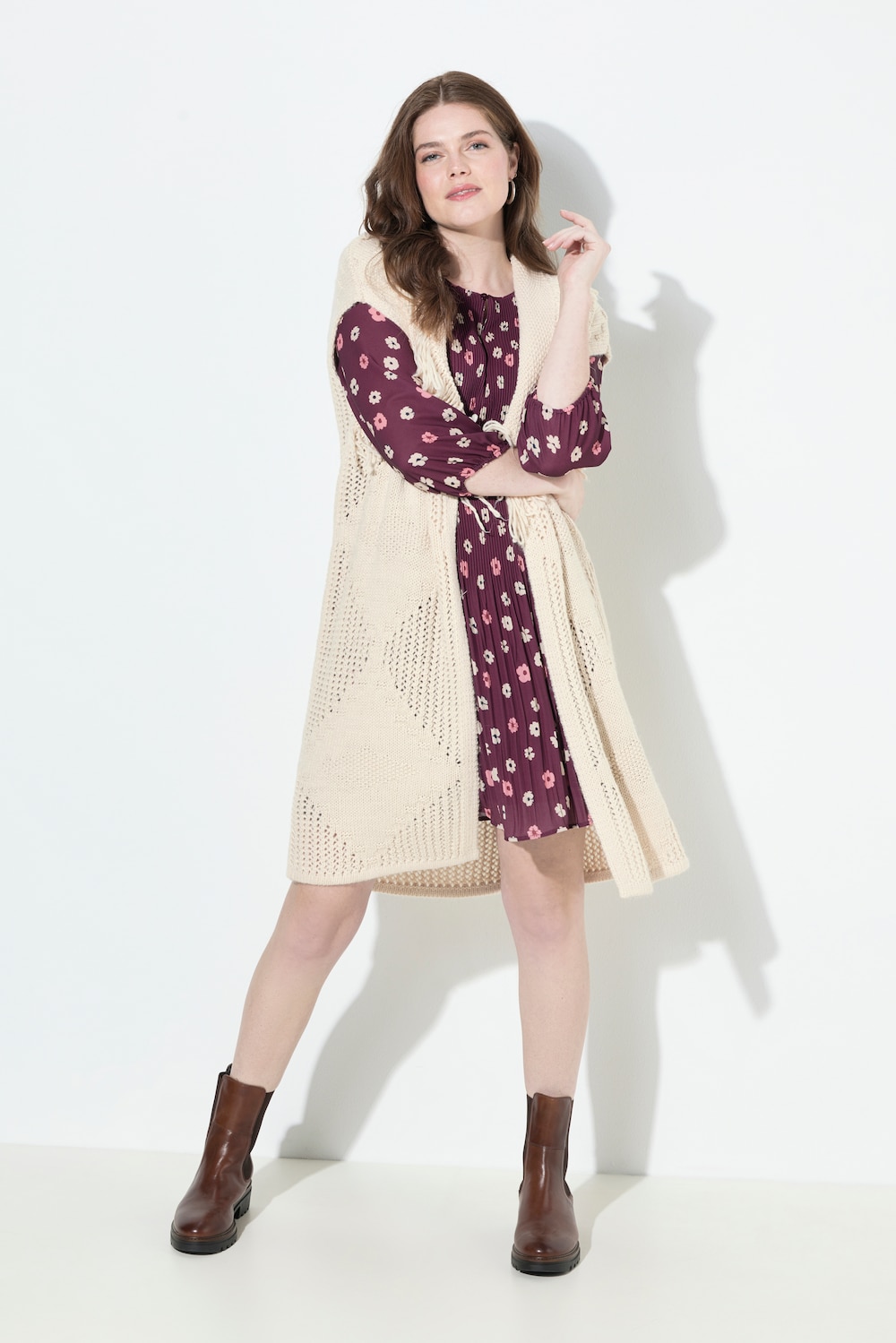 Gebreid vest, lang, oversized, open model, ruiten