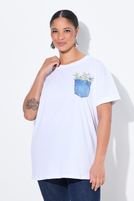 T-shirt, Boxy Fit, borstzak-print met glitter