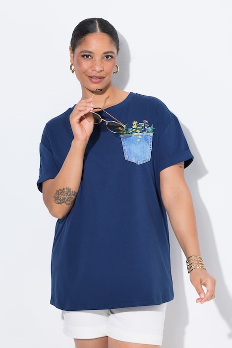T-Shirt, Boxy Fit, Brusttaschen-Druck mit Glitzer