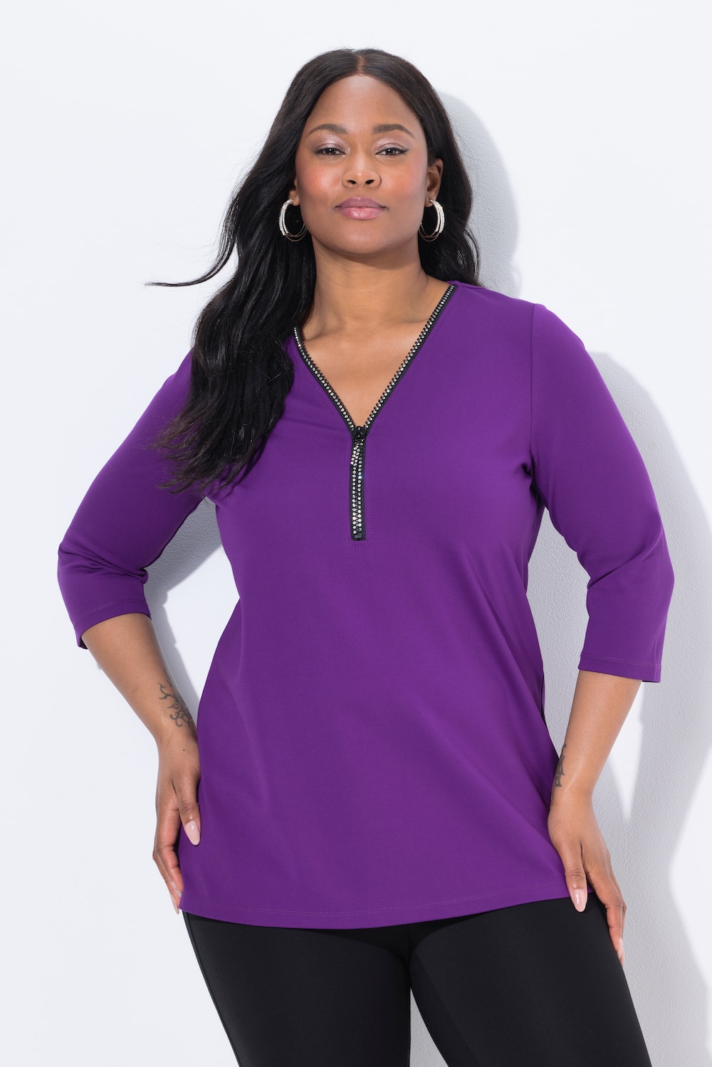 Punto-Shirt, A-Linie, Zipper, V-Ausschnitt, 3/4-Arm