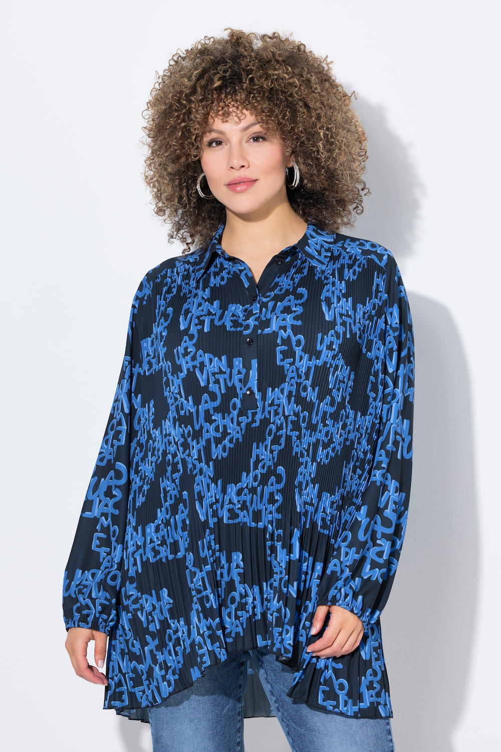 Große Größen Plissee-Bluse, Damen, blau, Größe: 58/60, Polyester, Ulla Popken