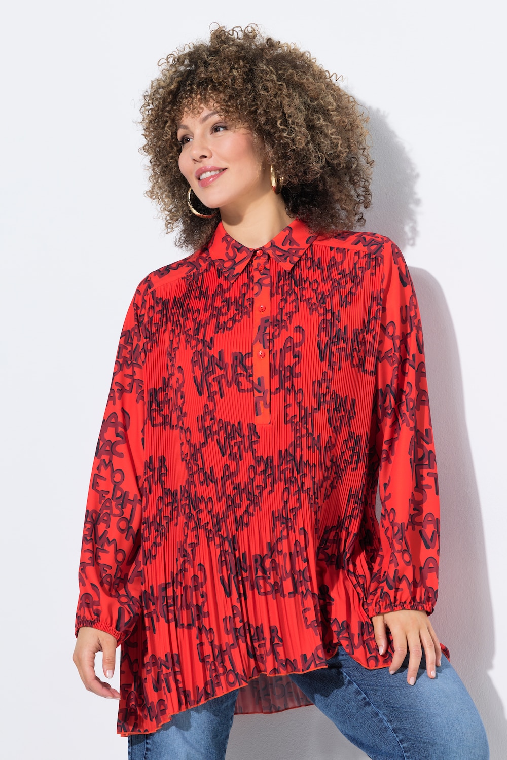 Plissee-Bluse, Schriftmuster, A-Linie, Hemdkragen, Langarm