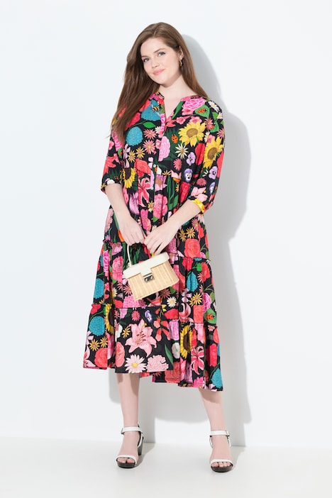 Maxikleid, Blüten, Stehkragen, 3/4-Arm, Volants