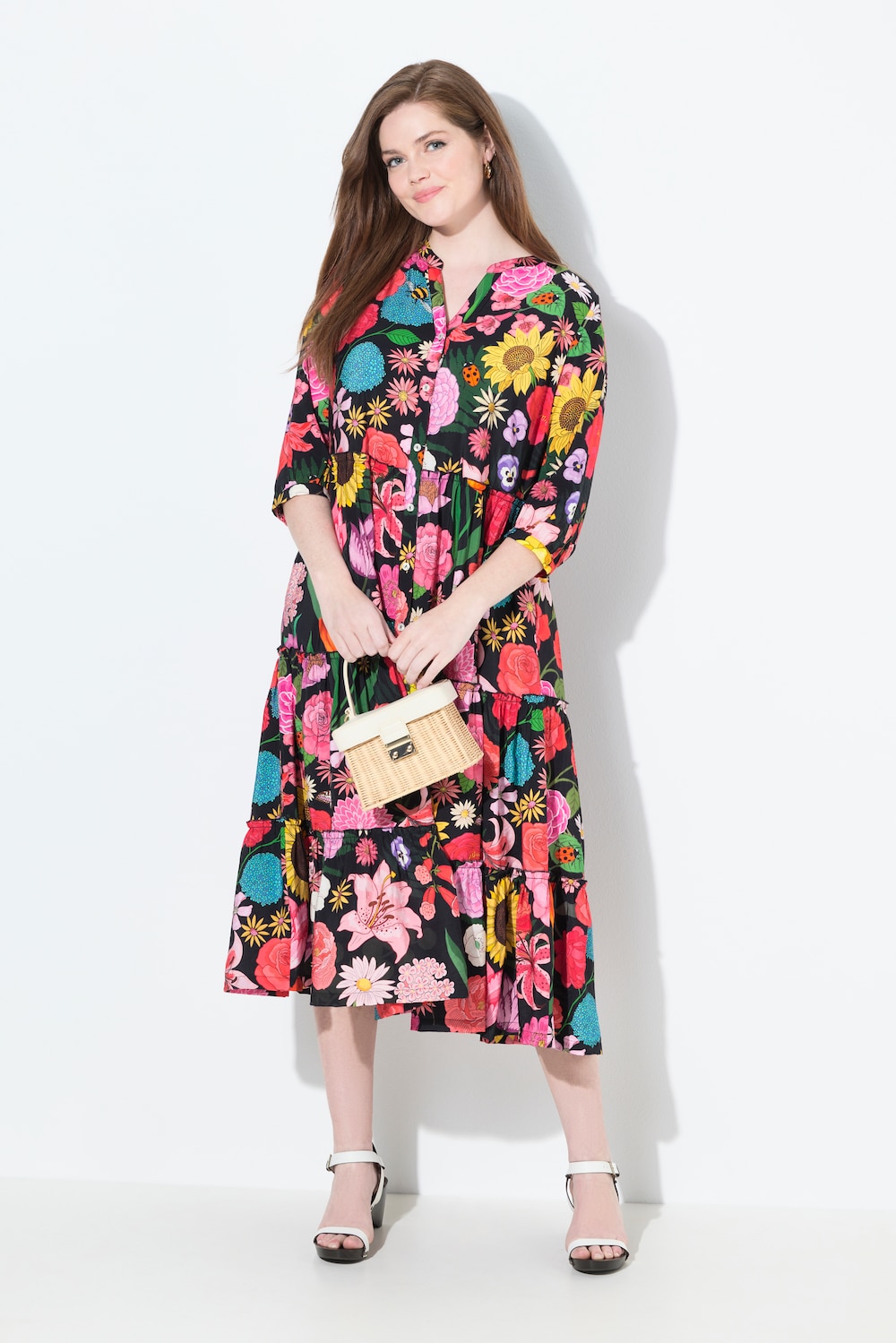 Maxi-jurk, bloemen, opstaande kraag, 3/4-mouw, volants