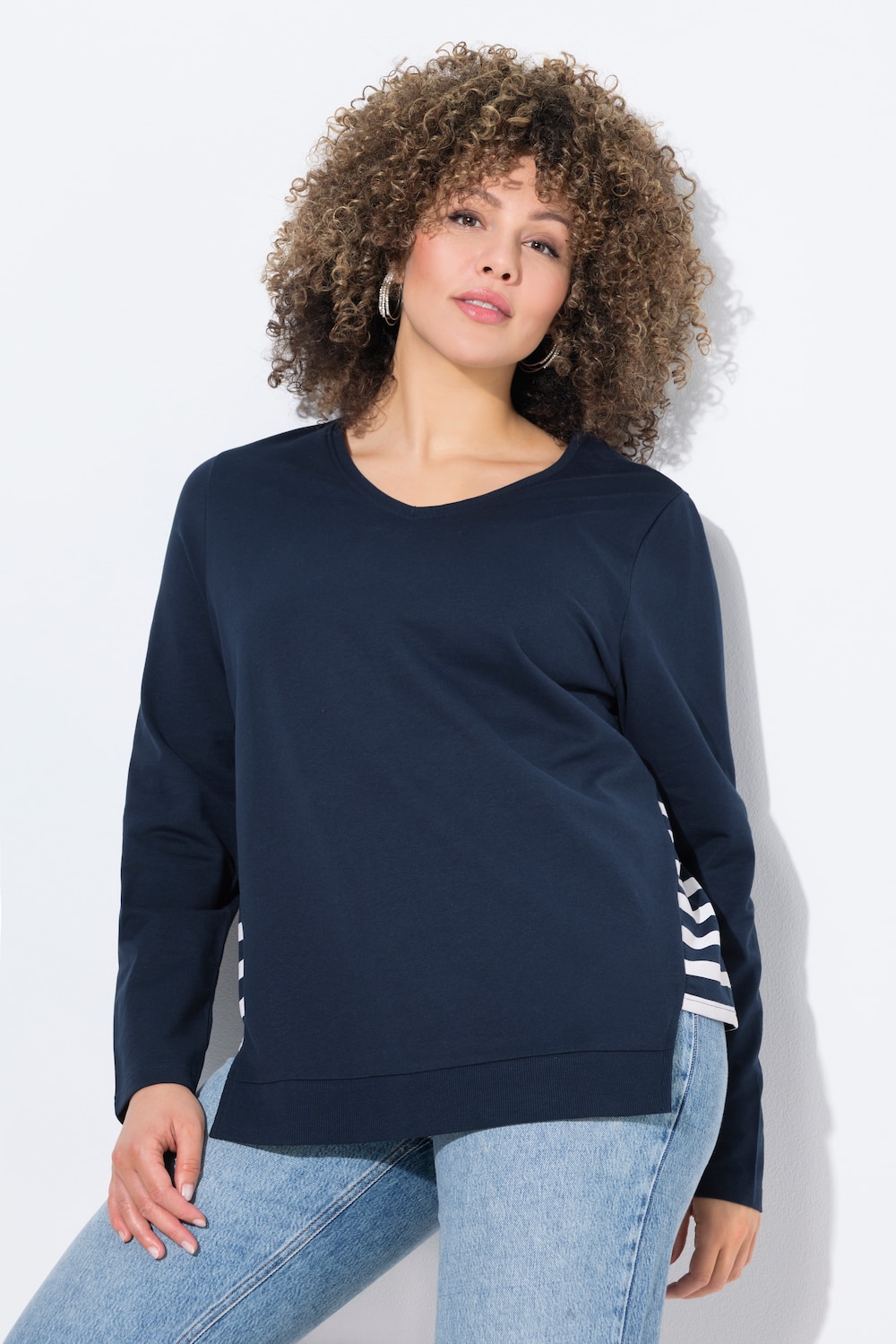 Sweatshirt, Streifen, A-Linie, V-Ausschnitt, Langarm
