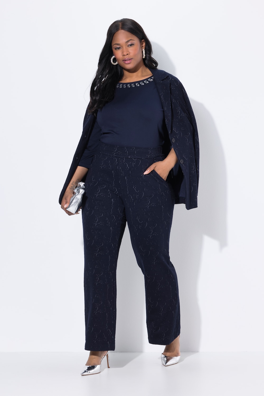 Jersey broek, wijde rechte pijp, jacquard, elastische tailleband