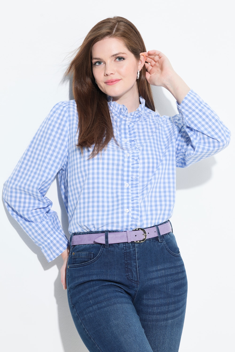 Geruite blouse, ruches, opstaande kraag, lange mouw