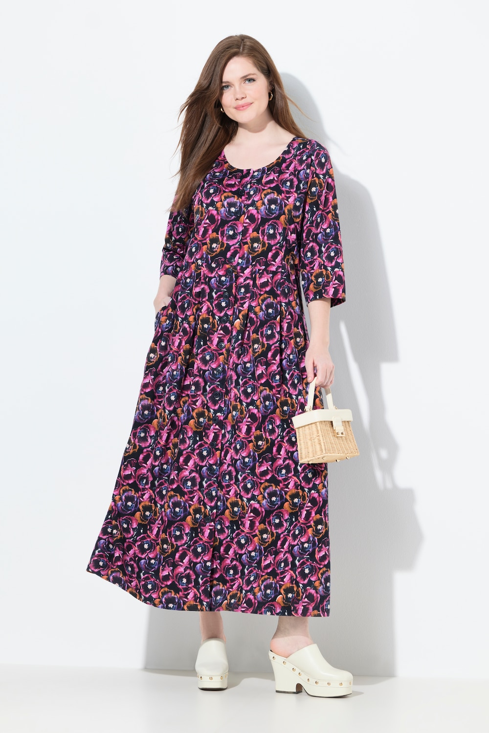 Jersey-Maxikleid, Blüten, Rundhals, 3/4-Arm, Taschen