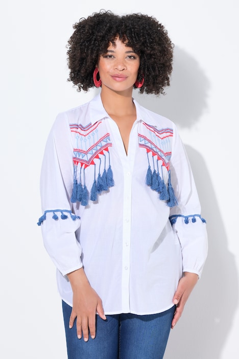 Hemdbluse, A-Linie, Stickborten und Fransen