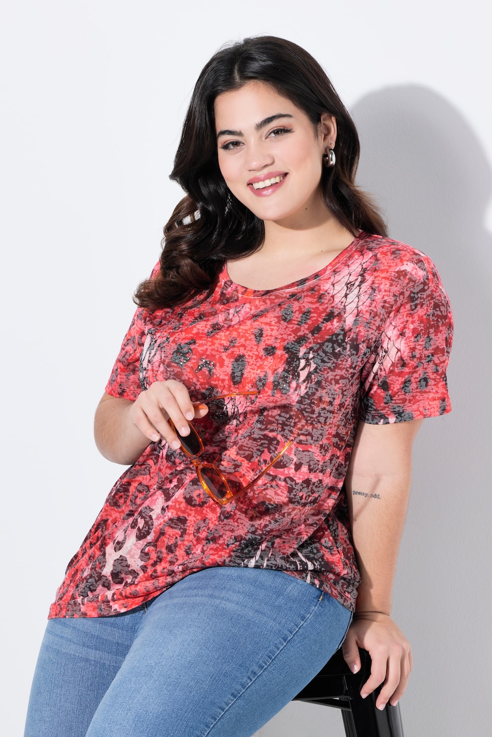 T-shirt, comfortabele pasvorm, luipaard, glittersteentjes