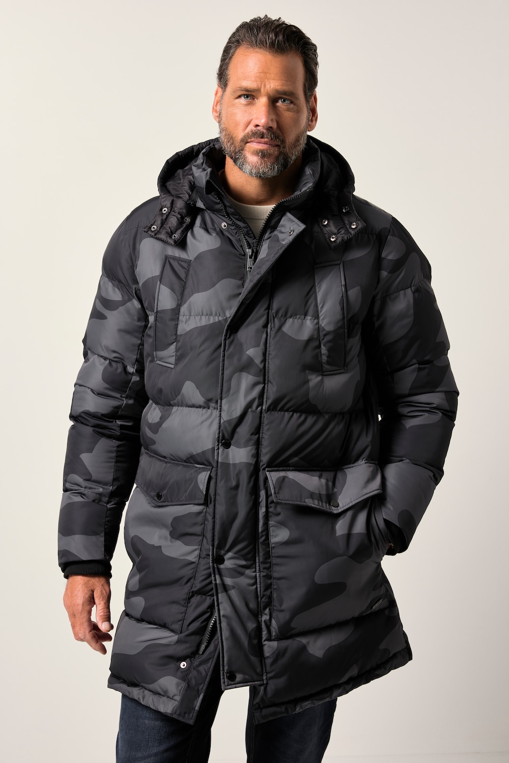 JP1880 doorgestikte parka, camouflage, capuchon, trekkoord in de taille, tot 7XL