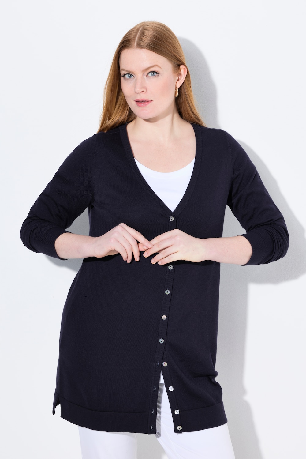 Long-Strickjacke, V-Ausschnitt, Langarm, Pima Cotton