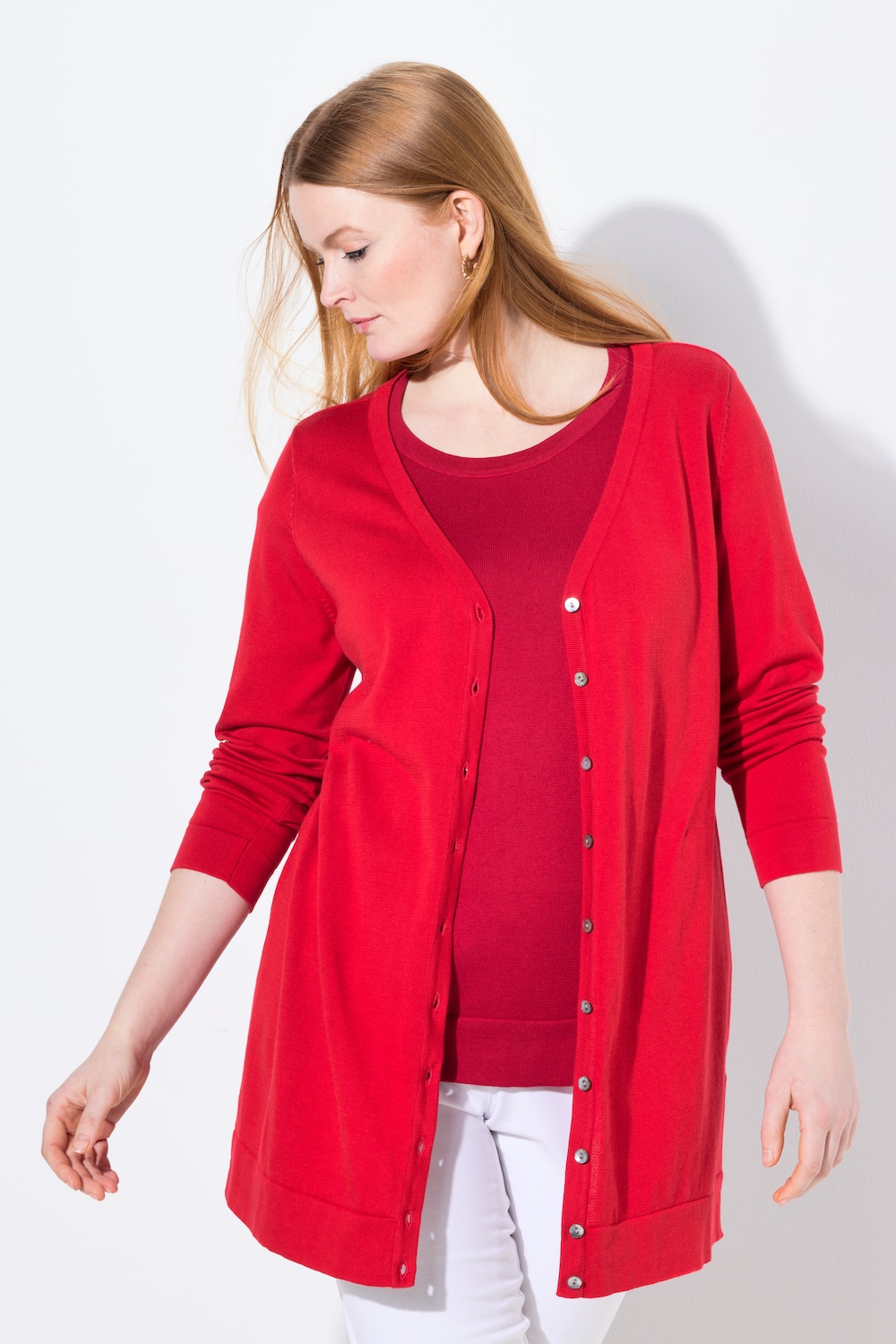 Long-Strickjacke, V-Ausschnitt, Langarm, Pima Cotton