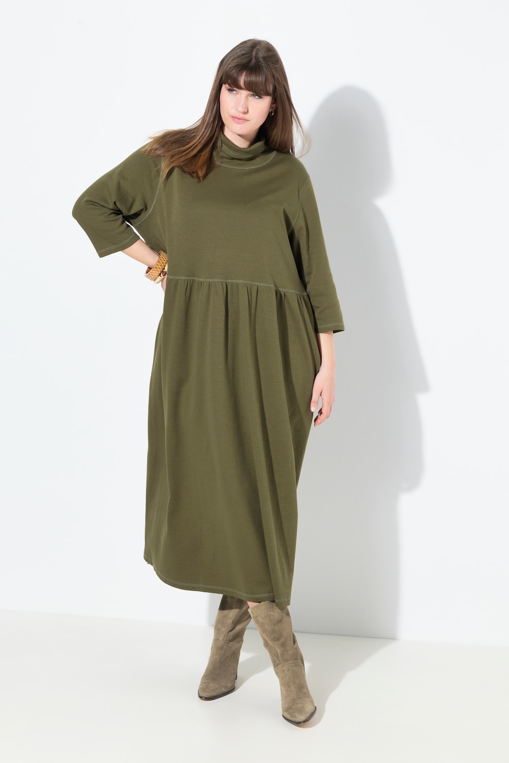 Jersey maxi-jurk, opstaande kraag, 3/4-mouwen, biologisch katoen