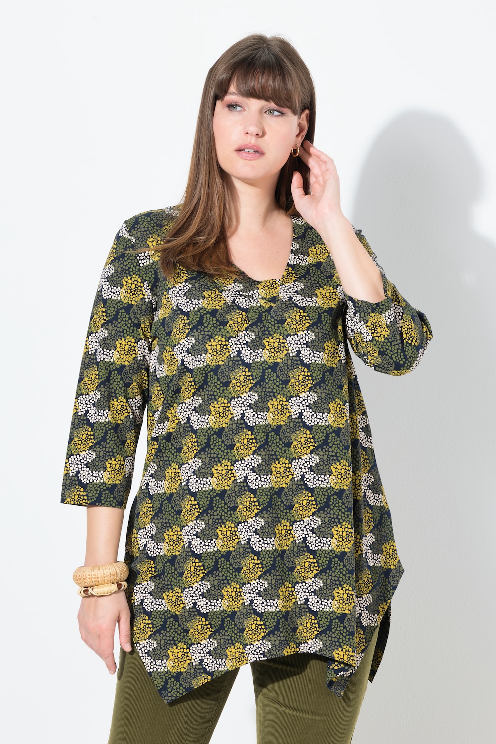 T-Shirt, Zipfelsaum, V-Ausschnitt, 3/4-Arm, Biobaumwolle
