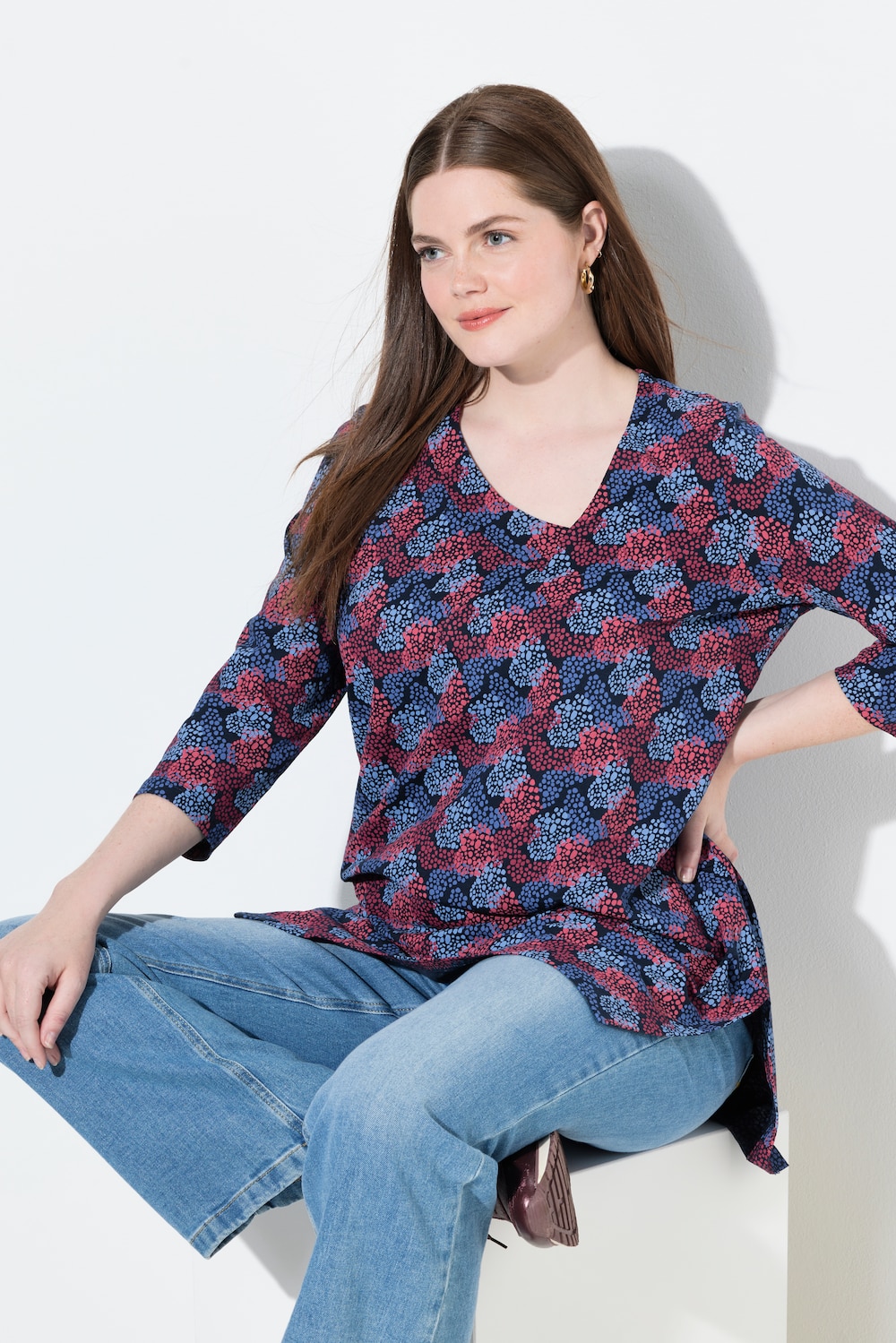 T-shirt, puntzoom, V-hals, 3/4-mouwen, biologisch katoen