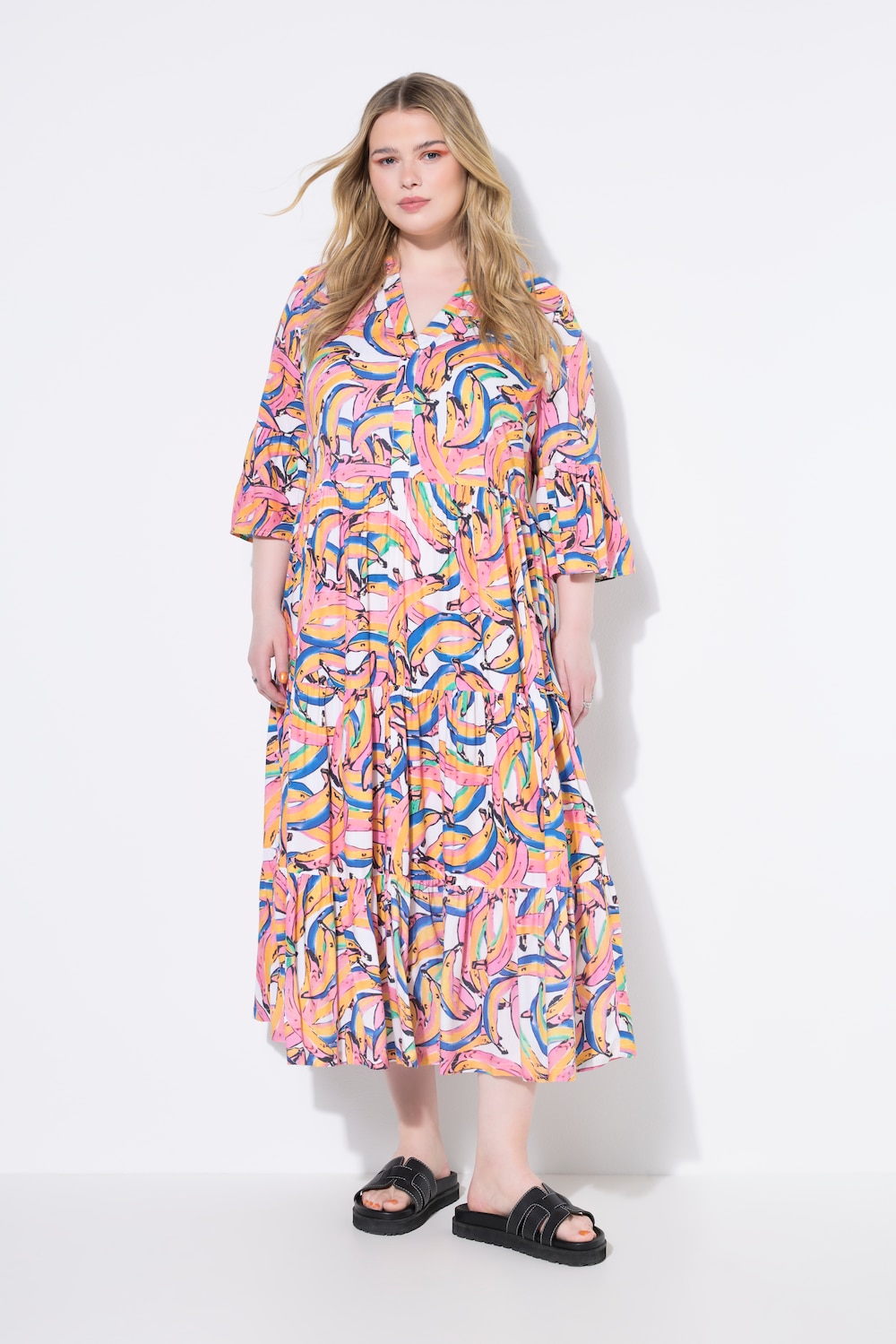 Maxikleid, Bananen-Print, Volants