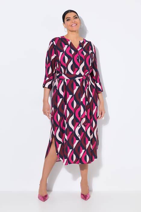 Robe maxi, col tunisien et manches 3/4, coupe évasée