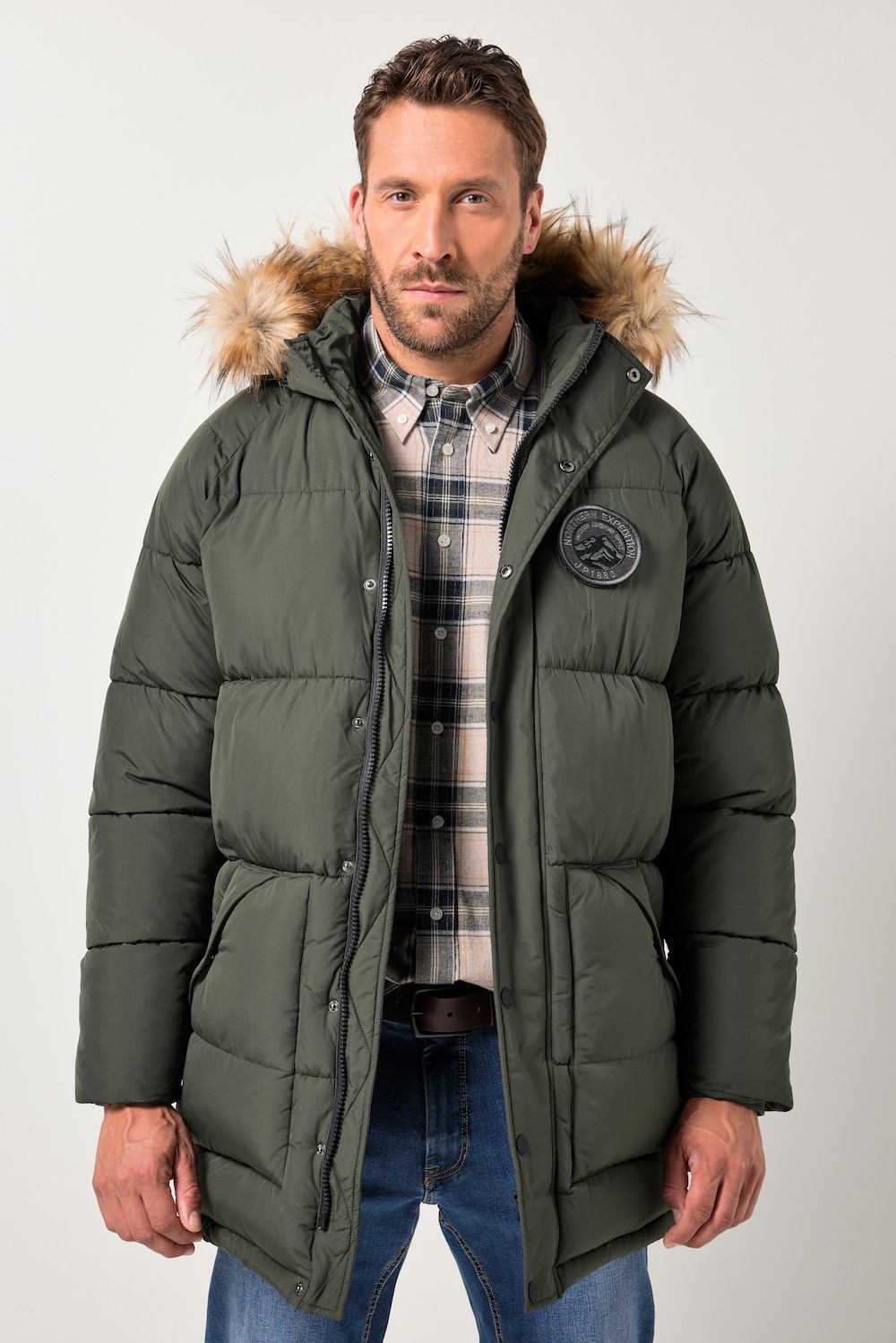 JP1880 quiltet parka, med hætte, kunstpels, mærker, op til str. 8XL