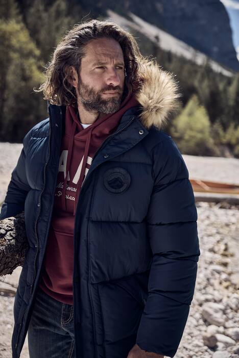 JP1880 doorgestikte parka, capuchon, geweven bont, badges, tot 8XL