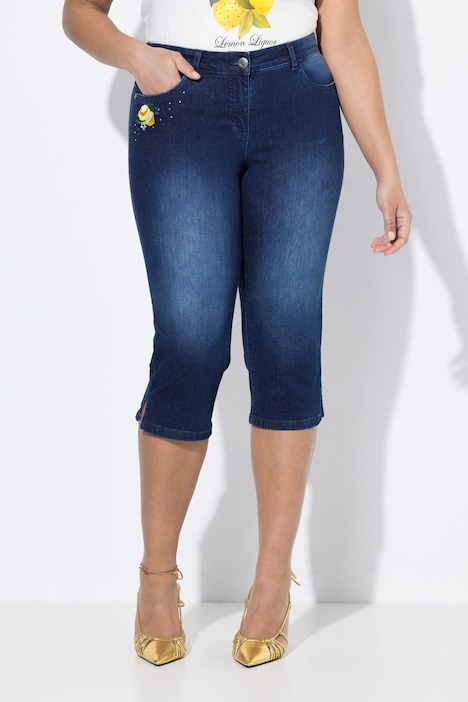 3/4-Caprijeans Carrie, Zitronen-Stickerei, Glitzersteinchen