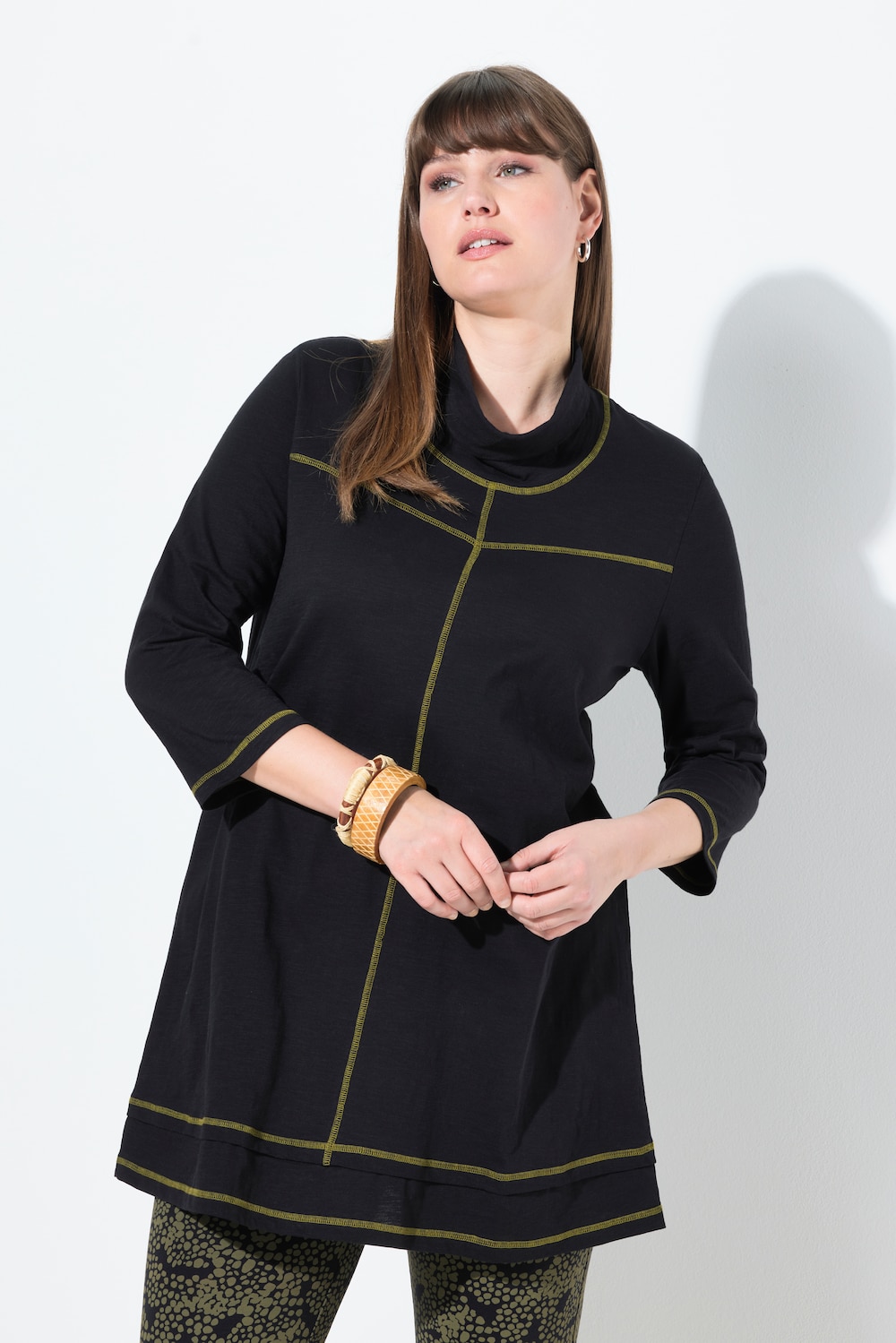 T-Shirt, Lagenoptik, Stehkragen, 3/4-Arm, Biobaumwolle