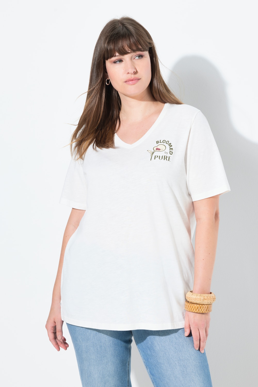 T-Shirt, Blüte, V-Ausschnitt, Halbarm, Biobaumwolle