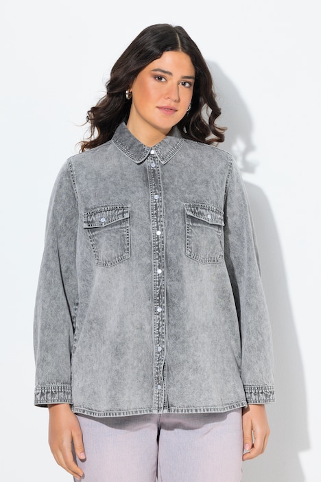 Chemisier en jean, col chemise et manches longues, boutons-pression