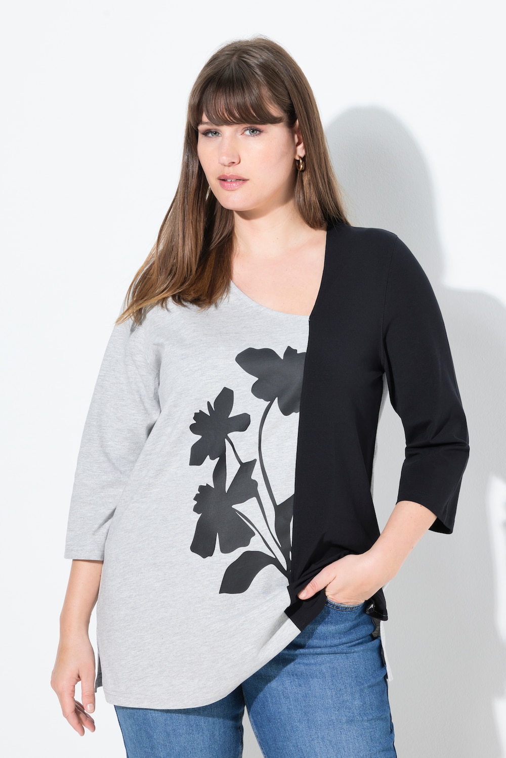 Shirt, Blüten, V-Ausschnitt, 3/4-Arm, Biobaumwolle