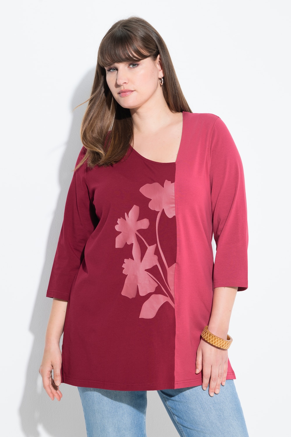 Shirt, Blüten, V-Ausschnitt, 3/4-Arm, Biobaumwolle