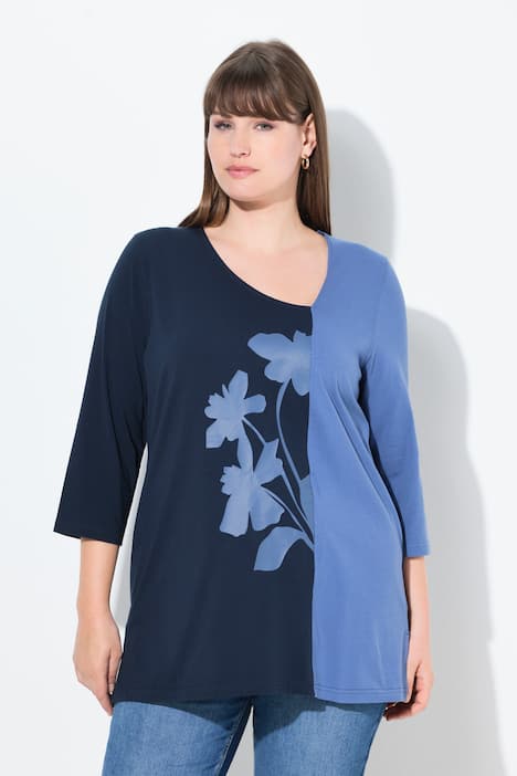 Shirt, Blüten, V-Ausschnitt, 3/4-Arm, Biobaumwolle