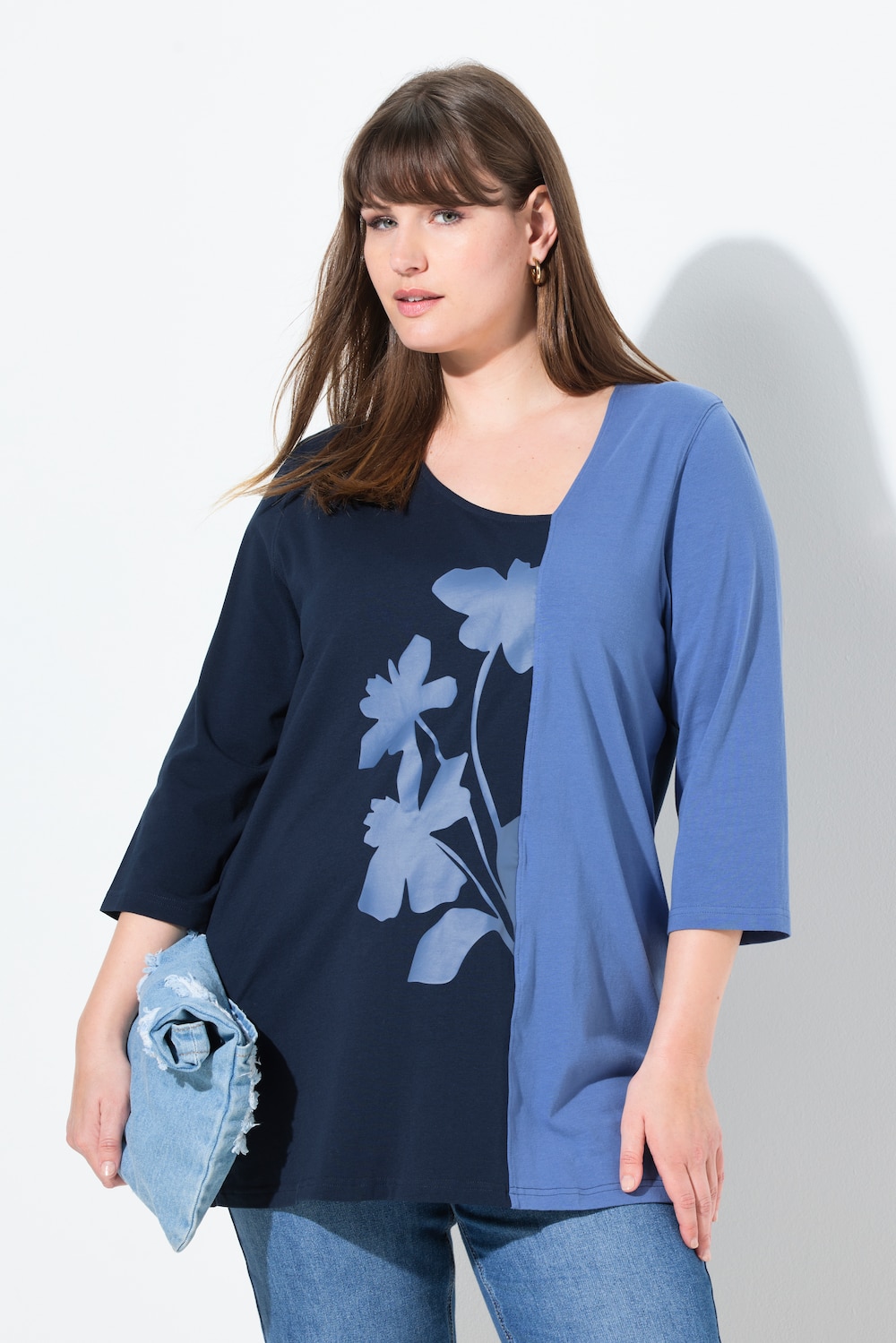 Shirt, Blüten, V-Ausschnitt, 3/4-Arm, Biobaumwolle